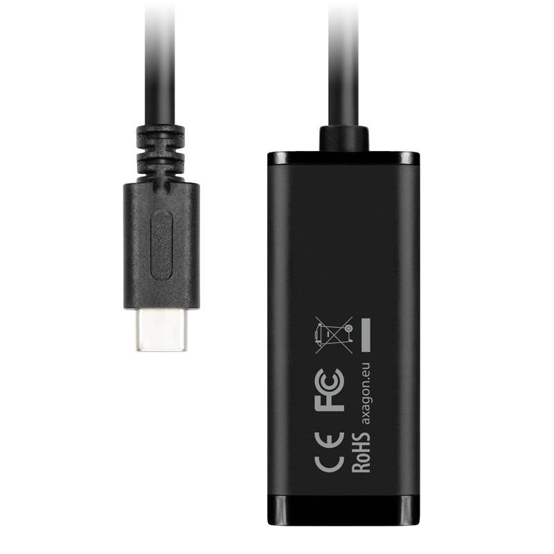Czarny adapter z wtyczką USB-C i obudową oznaczoną znakami CE i RoHS. Odpowiedni do podłączania urządzeń elektrycznych.