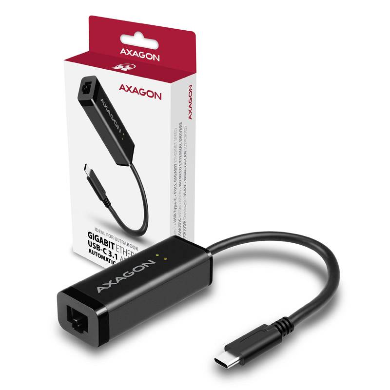 Adapter USB-C na Ethernet firmy Axagon, czarny z obsługą Gigabit i automatyzacją. Opakowanie widoczne w tle.
