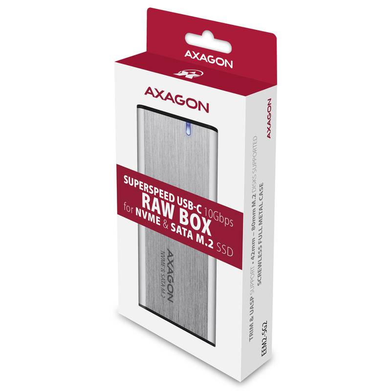 Opakowanie obudowy dysku SSD 'AXAGON Raw Box', obsługujące złącze USB-C 10 Gbps, kompatybilne z dyskami NVMe i SATA M.2 SSD.