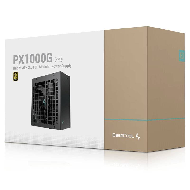 Opakowanie zasilacza ATX 3.0 w pełni modularnego DeepCool PX1000G z certyfikatem 80 Plus Gold.