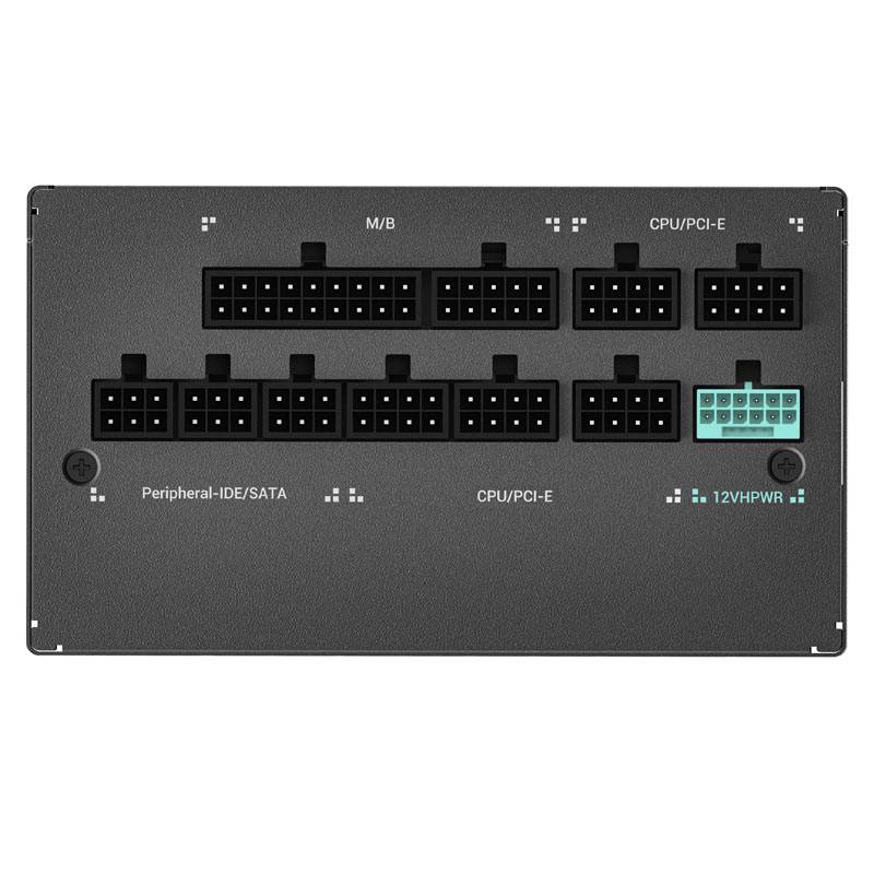 Tylna strona zasilacza z różnymi gniazdami przyłączeniowymi: M/B, CPU/PCI-E, Złącza peryferyjne IDE/SATA, 12VHPWR. Funkcja zarządzania kablami.