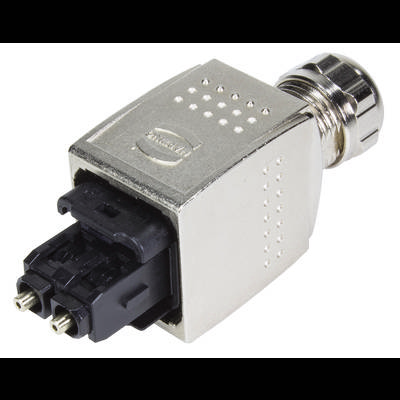 Metalowy adapter z czarną częścią złączną. Stosowany głównie w zastosowaniach światłowodowych.
