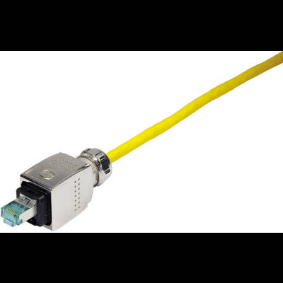 Żółty kabel Ethernet z metalowymi wtyczkami, odpowiedni do sieci i połączeń internetowych.