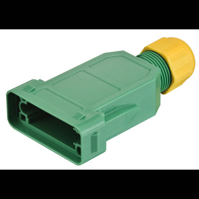 Zielony plastikowy wtyk z żółtą nakładką, o prostokątnym kształcie, przeznaczony do połączeń elektrycznych w zastosowaniach przemysłowych.