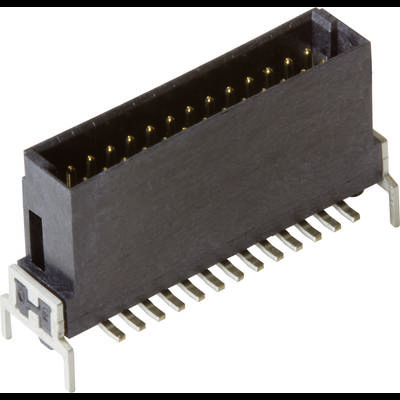 Czarna elektroniczna wtyczka z wieloma stykami metalowymi i zaciskami mocującymi po bokach.