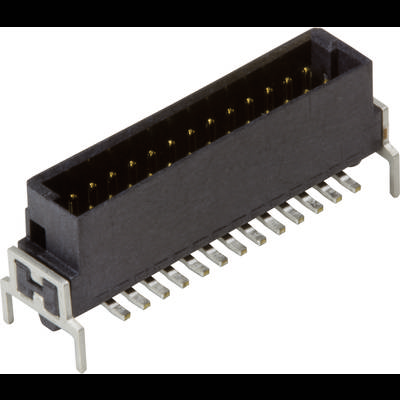 Czarny elektryczny złącze z wieloma stykami metalowymi, odpowiednie do połączeń elektronicznych na płytkach drukowanych.