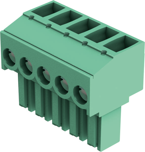 Zielony elektryczny złącze z sześcioma stykami, ułożonymi pionowo, odpowiednie do połączeń obwodów elektrycznych.