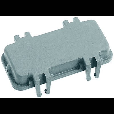 Szary, prostokątny plastikowy pokrywa z klipsami, prawdopodobnie część elementu elektronicznego lub osłony.