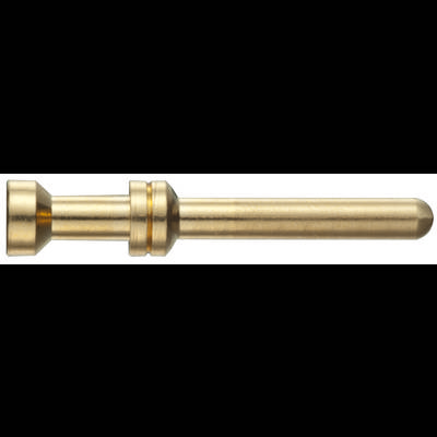 Pojedynczy, złoty metalowy kołek o zaokrąglonych końcach, ułożony w pozycji poziomej. Stosowany do łączenia elektrycznego.