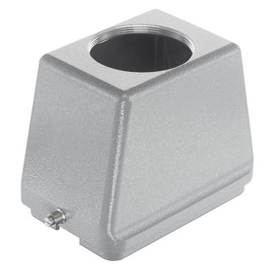 Szary, trapezowaty element metalowy z okrągłym otworem u góry i małym przyłączem z boku.