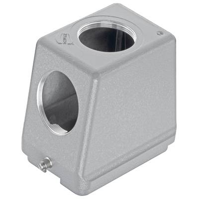 Szare, trapezowe obudowa metalowa z okrągłymi otworami na górnej i bocznej powierzchni.