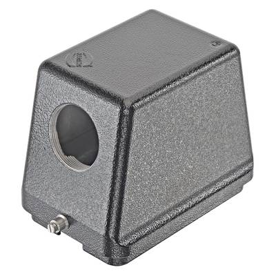Prostokątna szara metalowa obudowa z okrągłym otworem po lewej stronie i małym elementem metalowym na dole.
