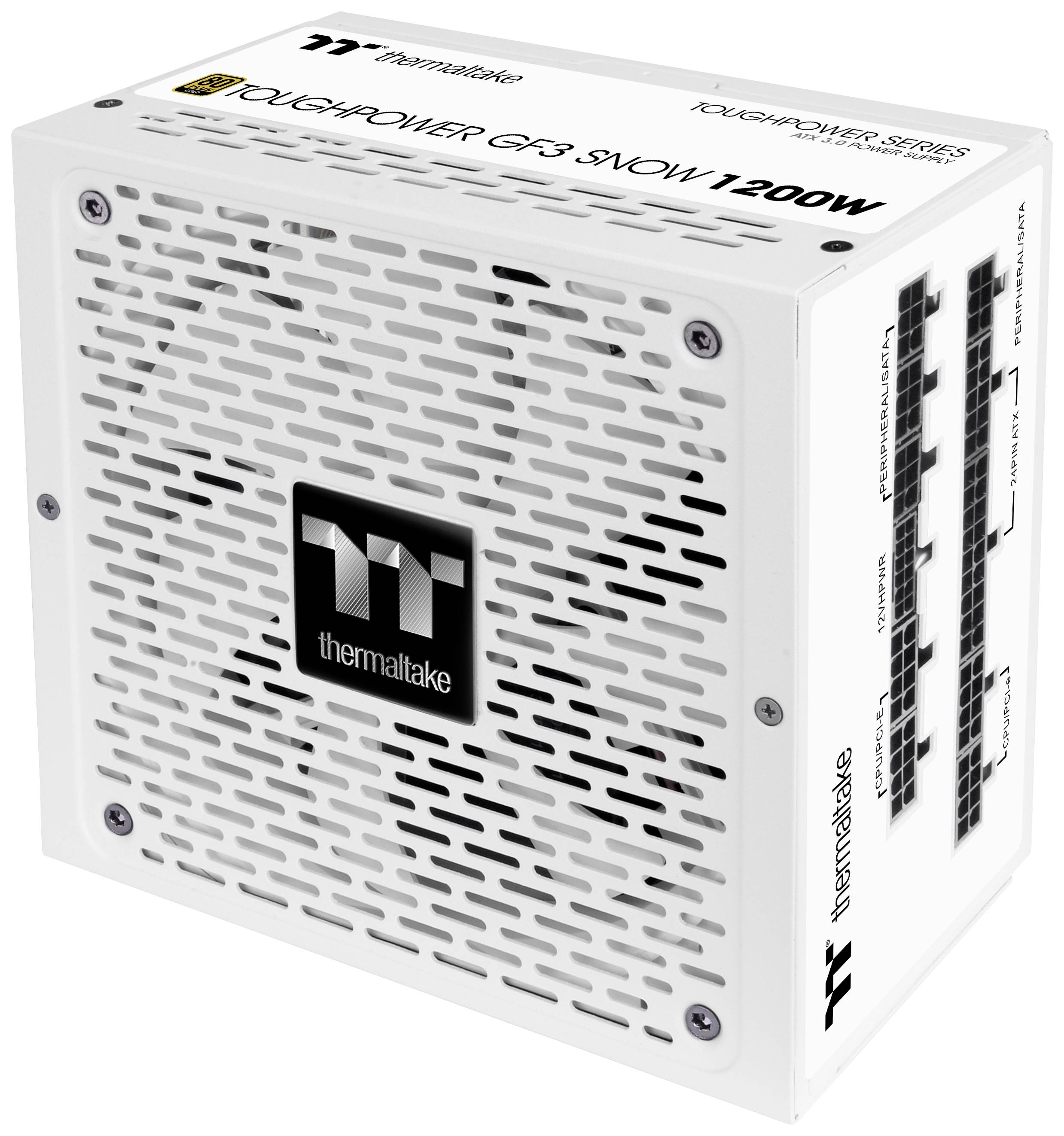 Zasilacz Thermaltake Toughpower GF3 SNOW 1200W w kolorze białym, z wentylowaną konstrukcją zapewniającą skuteczne chłodzenie oraz logo marki na przedniej stronie.