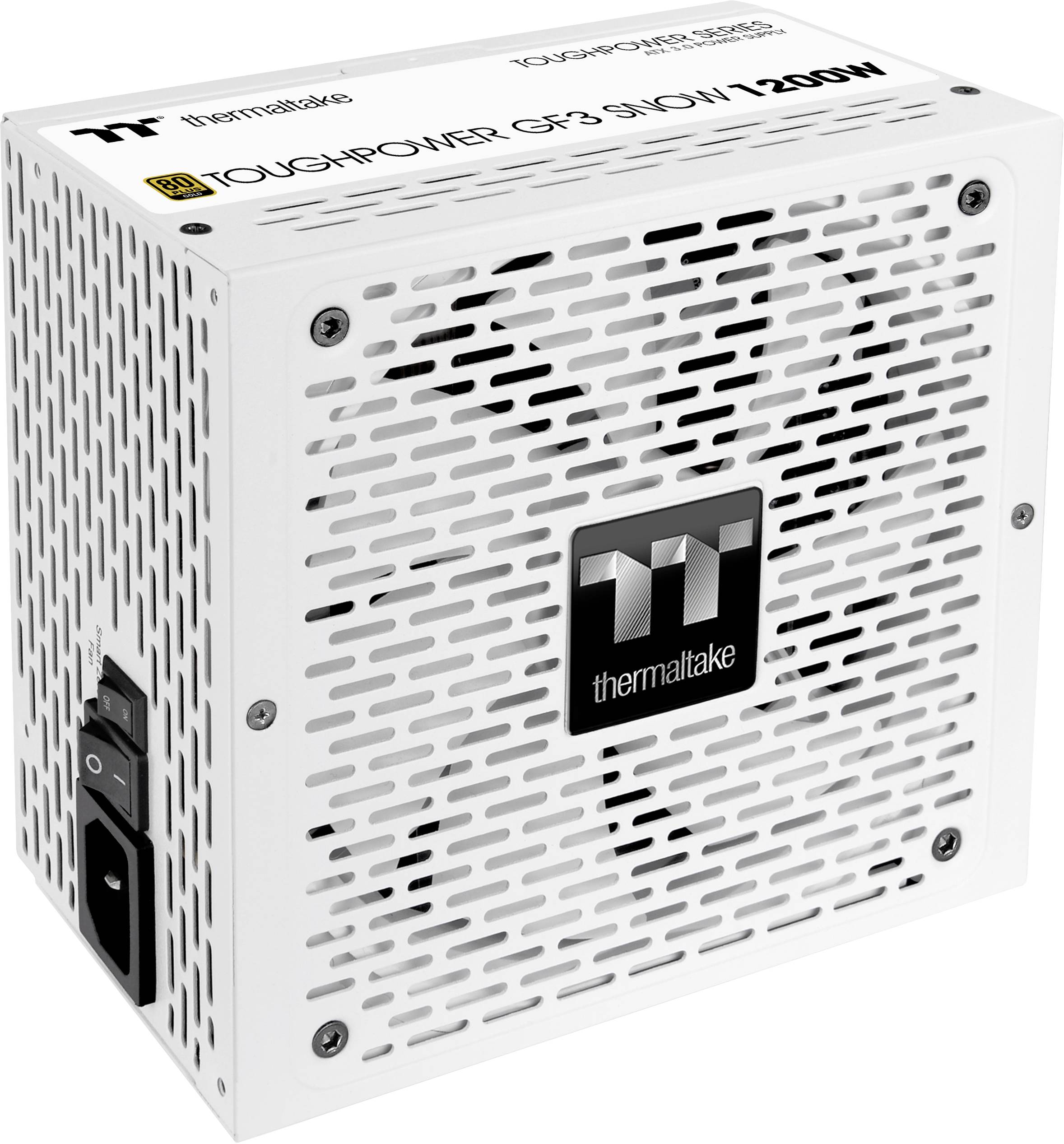 Zasilacz Thermaltake Toughpower GF3 SNOW 1200W w kolorze białym, o kwadratowym kształcie z otworami wentylacyjnymi i złączem zasilania z tyłu.
