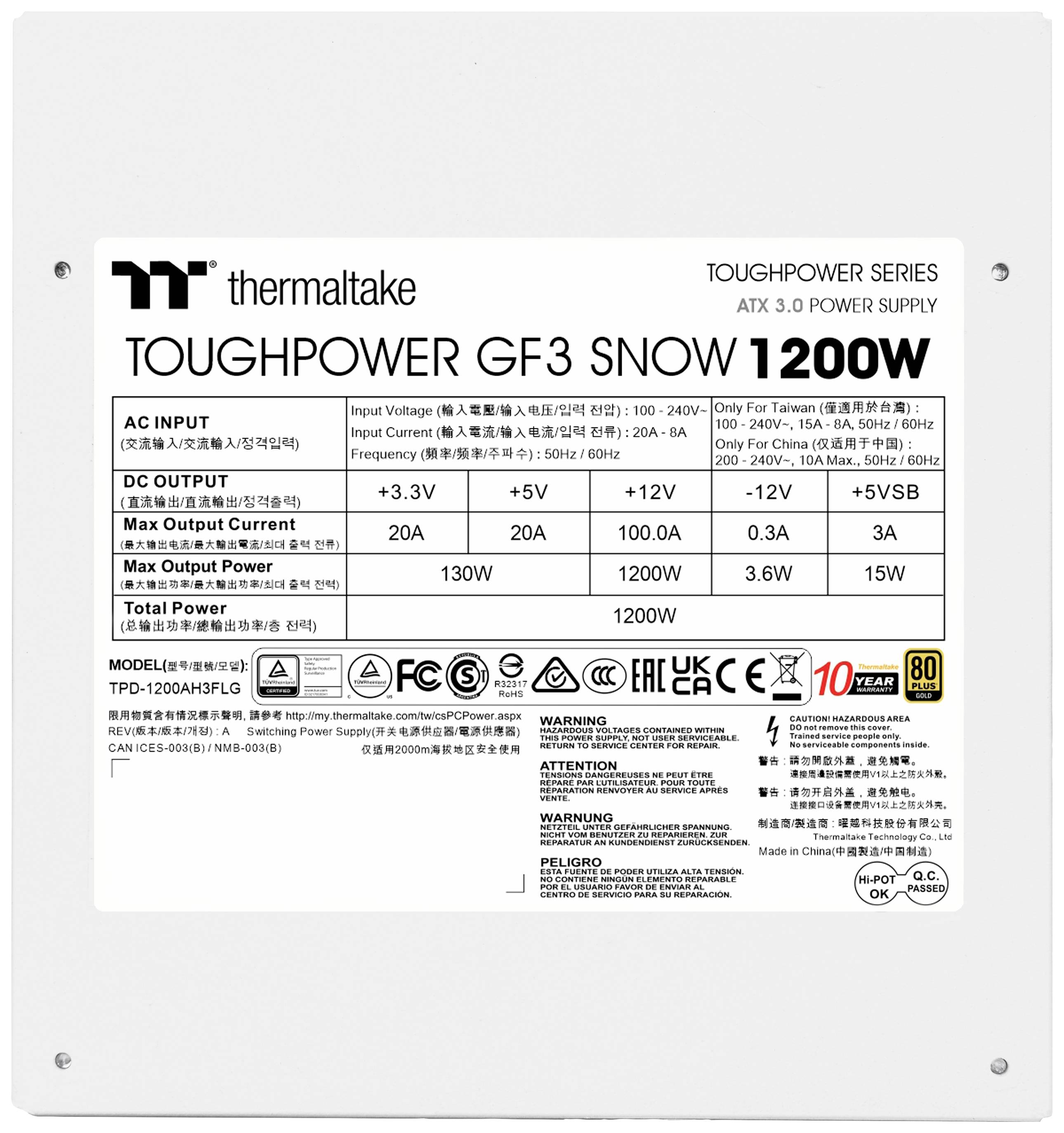 Etykieta zasilacza Thermaltake Toughpower GF3 Snow 1200W zawierająca specyfikacje techniczne i ostrzeżenia bezpieczeństwa.
