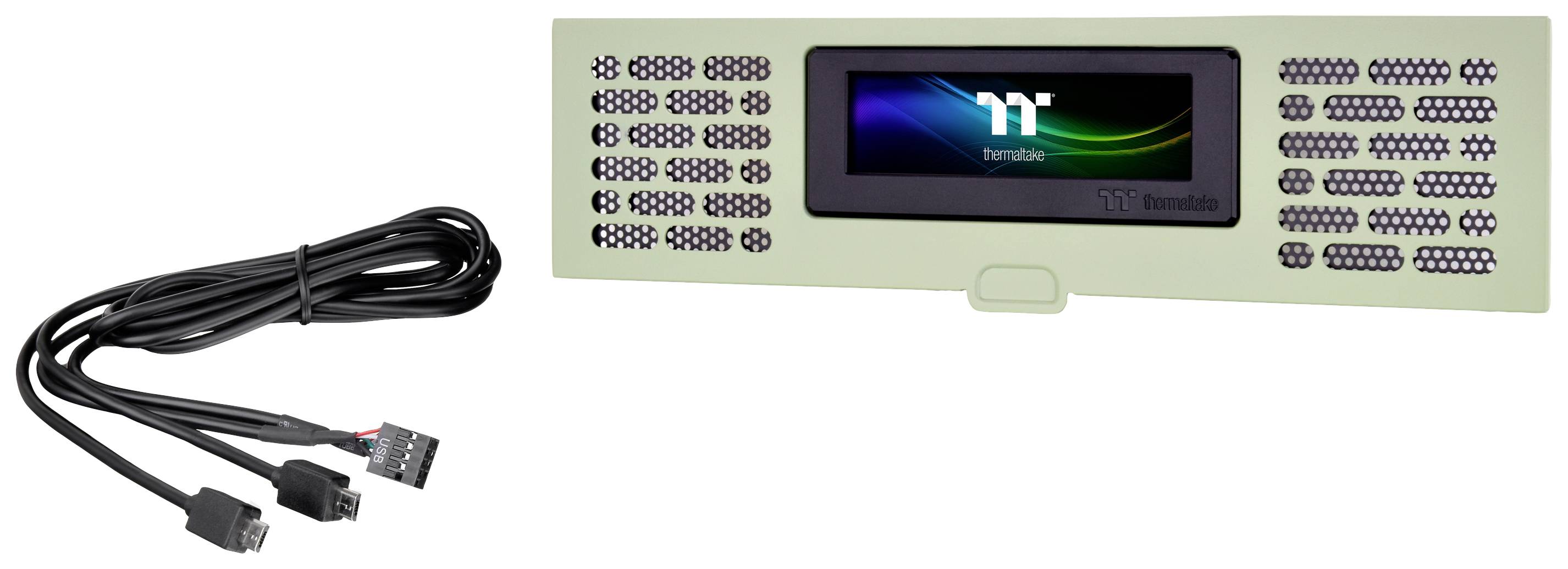Zielony panel LCD firmy Thermaltake z przewodami, wyświetlający kolorowe logo i cyfrowy ekran, przeznaczony do obudów komputerowych.