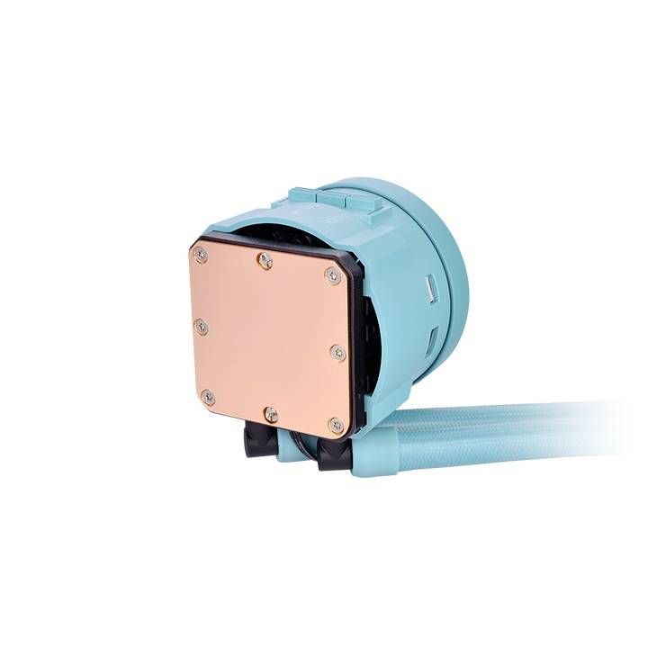 Turkusowy chłodnik wodny do komputera z miedzianą podstawą i przezroczystymi przewodami, przeznaczony do chłodzenia podzespołów PC.