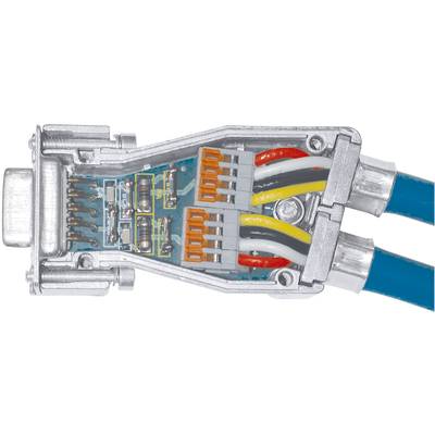 Zbliżenie otwartego złącza VGA z widocznymi przewodami w kolorowej kodzie i elementami elektronicznymi wewnątrz.