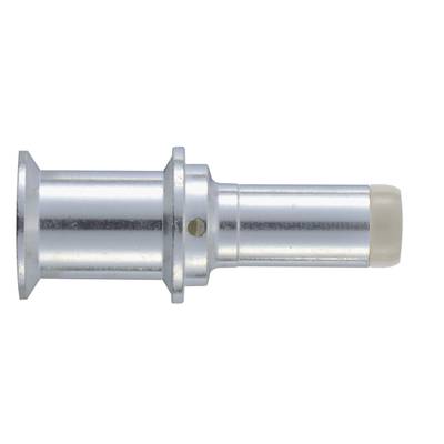 Srebrny metalowy cylinder z dwoma wystającymi pierścieniami i białym zakończeniem.