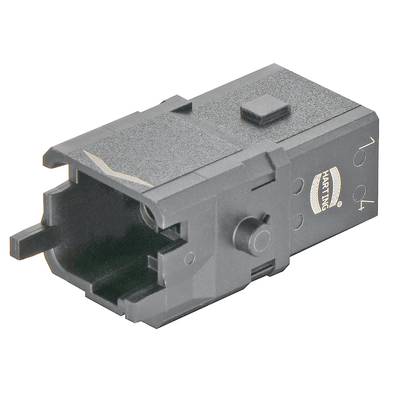 Czarna obudowa z tworzywa sztucznego o kształcie prostokątnym z logo HARTING na boku. Odpowiednia do połączeń elektrycznych.