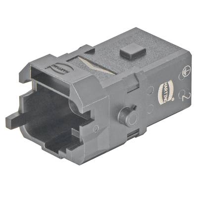 Prostokątny, czarny, elektryczny adapter z wtykami i etykietą marki z boku.