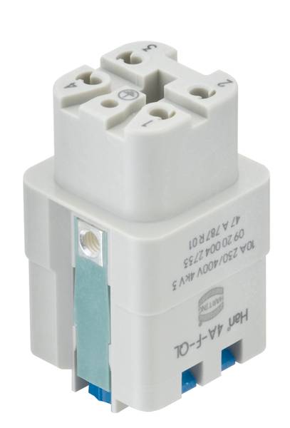 Przemysłowe gniazdo przekaźnika z czterema zaciskami, widocznym numerem modelu i nadrukiem producenta. Górna część przedstawia oznaczenia zacisków.