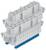 Szary złącze z dwoma rzędami wielu zacisków przyłączeniowych, częściowo z niebieskimi elementami, z bocznymi śrubami mocującymi.