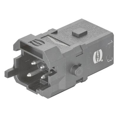 Czarny, prostokątny elektryczny złącz z pinami marki Harting leży na białym tle.