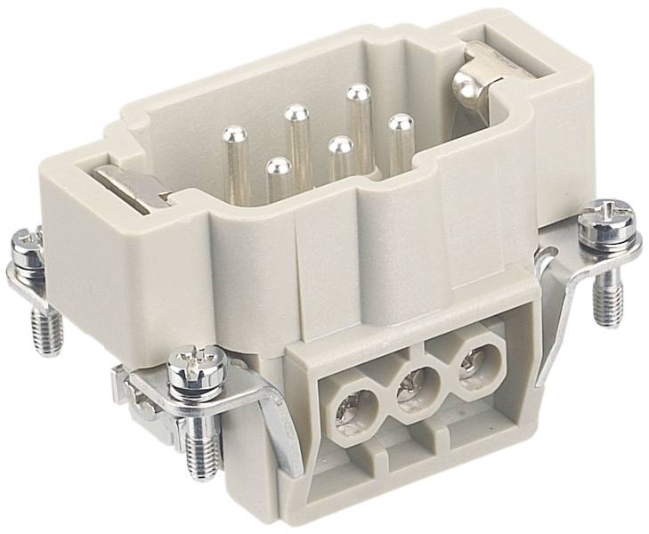 Przemysłowe złącza elektryczne wykonane z szaro-beżowego tworzywa sztucznego, posiadające wielopinowe złącze metalowe oraz połączenia śrubowe, przeznaczone do łączenia elektrycznego.