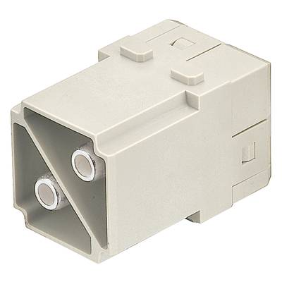 Prostokątna, szara wtyczka plastikowa z dwoma wystającymi okrągłymi złączami. Przeznaczona do połączeń elektrycznych.