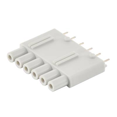 Biała, sześciopinowa elektryczna wtyczka połączeniowa używana w urządzeniach elektronicznych do przesyłu prądu lub danych.