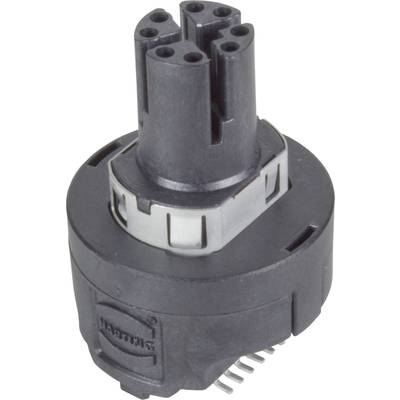 Czarny, cylindryczny elektryczny adapter z wieloma gniazdami i metalowymi stykami od spodu.