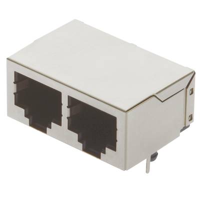Podwójne złącze Ethernet RJ45 z metalowym ekranowaniem, powszechnie stosowane w urządzeniach sieciowych.