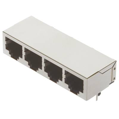 Czterokrotny blok gniazd RJ45, srebrny, do połączeń Ethernet, przeznaczony do montażu na płytkach drukowanych w urządzeniach sieciowych.