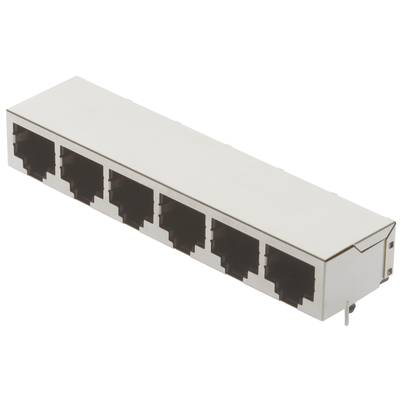 Metalowa obudowa z pięcioma gniazdami sieciowymi RJ45 ułożonymi w rzędzie.