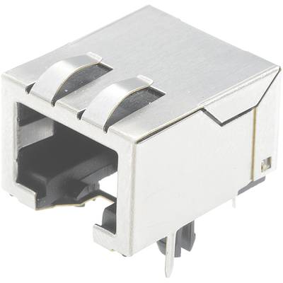 Srebrny adapter złącza sieciowego RJ45 z dwiema metalowymi zakładkami u góry. Odpowiedni do połączeń sieciowych.
