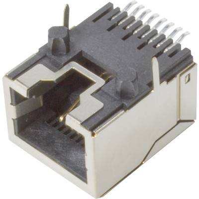 Złącze RJ45 do kabli Ethernet z obudową metalową i pinami do montażu na płytce drukowanej.