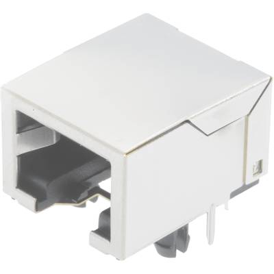 Metalowo powlekane złącze RJ45 do kabli Ethernet, zazwyczaj montowane na płytkach drukowanych, przedstawia styki wejściowe oraz piny mocujące.