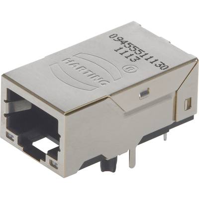 Metalowa obudowa modułu gniazda RJ45 z napisem 'HARTING', numerami produktu i logo, ukazująca otwór gniazda.