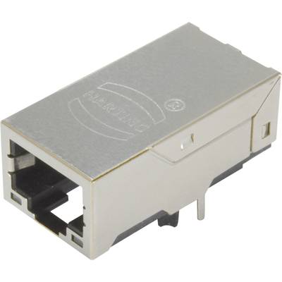 Prostokątne, metalowe złącze RJ45 do połączeń sieciowych Ethernet, w kolorze srebrnym, z widocznymi stykami i prostokątnym otworem.