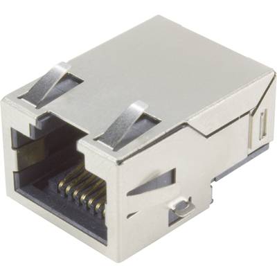 Metalowy moduł gniazda RJ-45; przednia komora przyłączeniowa pokazuje wewnętrzne styki. Stosowany do połączeń sieciowych.