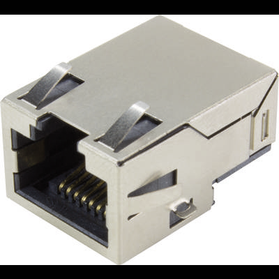Metalowy złącze RJ45, używane do kabli sieciowych Ethernet, ukazuje styki kontaktowe przeznaczone do połączenia elektrycznego.