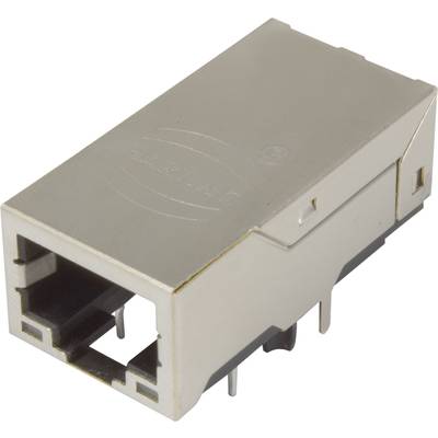 Prostokątne, metalowe złącze żeńskie RJ45, odpowiednie do okablowania sieciowego, widziane z góry.