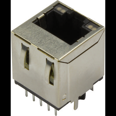 Metalowy złącz RJ45 z wieloma pinami u dołu. Stosowany do połączeń kablowych Ethernet w urządzeniach sieciowych.