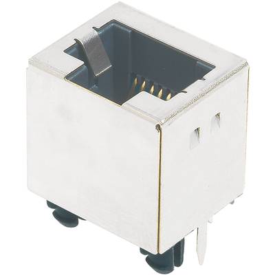 Pojedynczy złącze RJ45 z metalową obudową, odpowiednie do połączeń Ethernet.
