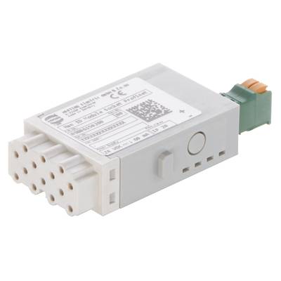 Szary moduł elektryczny z wieloma gniazdami i kodem QR. Zawiera szczegóły techniczne i złącza po bokach.