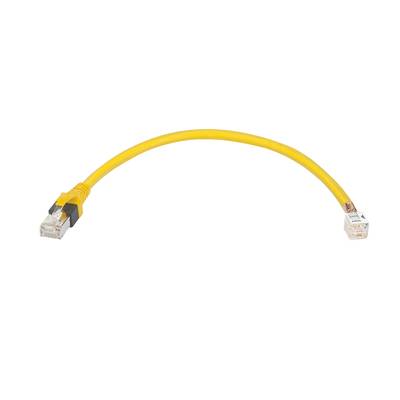 Żółty kabel Ethernet z dwoma wtyczkami RJ45 na końcach, służący do połączenia sieciowego.