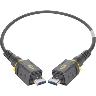 Kabel USB w zamkniętym kole, z wtyczkami na obu końcach, z żółtymi i czarnymi oznaczeniami.