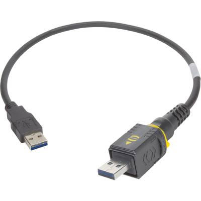 Kabel USB z niebieskim wtykiem USB 3.0 po lewej stronie i czarnym wtykiem po prawej stronie, używane do przesyłania danych.