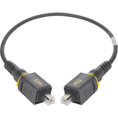 Przewód USB z dwoma prostokątnymi wtyczkami, w czarnej osłonie z żółtymi oznaczeniami; przeznaczony do przesyłania danych.